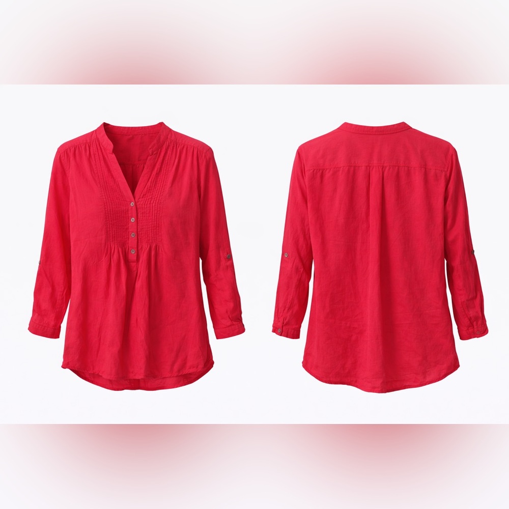 Women's Pintuck V-Neck Button Tunic in Bright Red